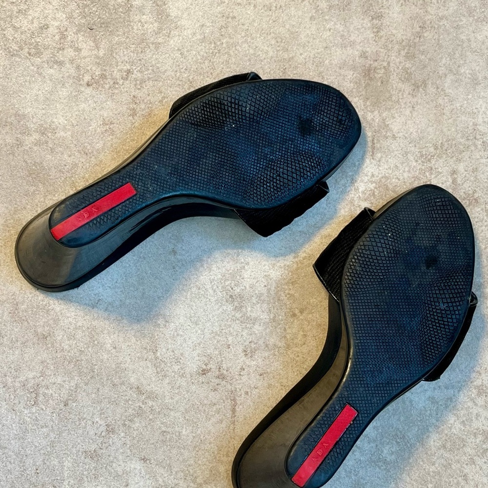 Prada Black/Sport NASTRA size 38 (8) Women Nylon Patent Leather Wedge Sandals - Picture 10 of 10